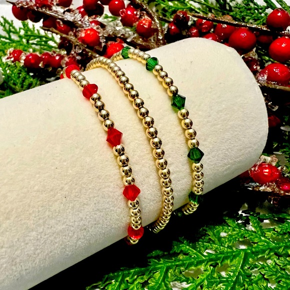 Christmas Bracelet Stack - Set of 3 Bracelets with Red and Green Crystal Beads - Picture 1 of 4